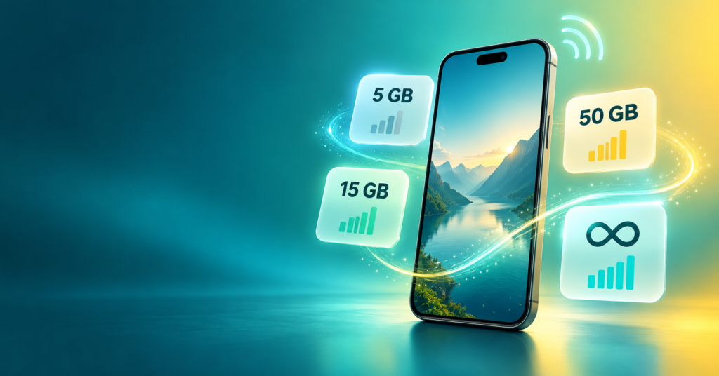 Vergleich von 5 GB, 15 GB, 50 GB und Unlimited-Datenvolumen